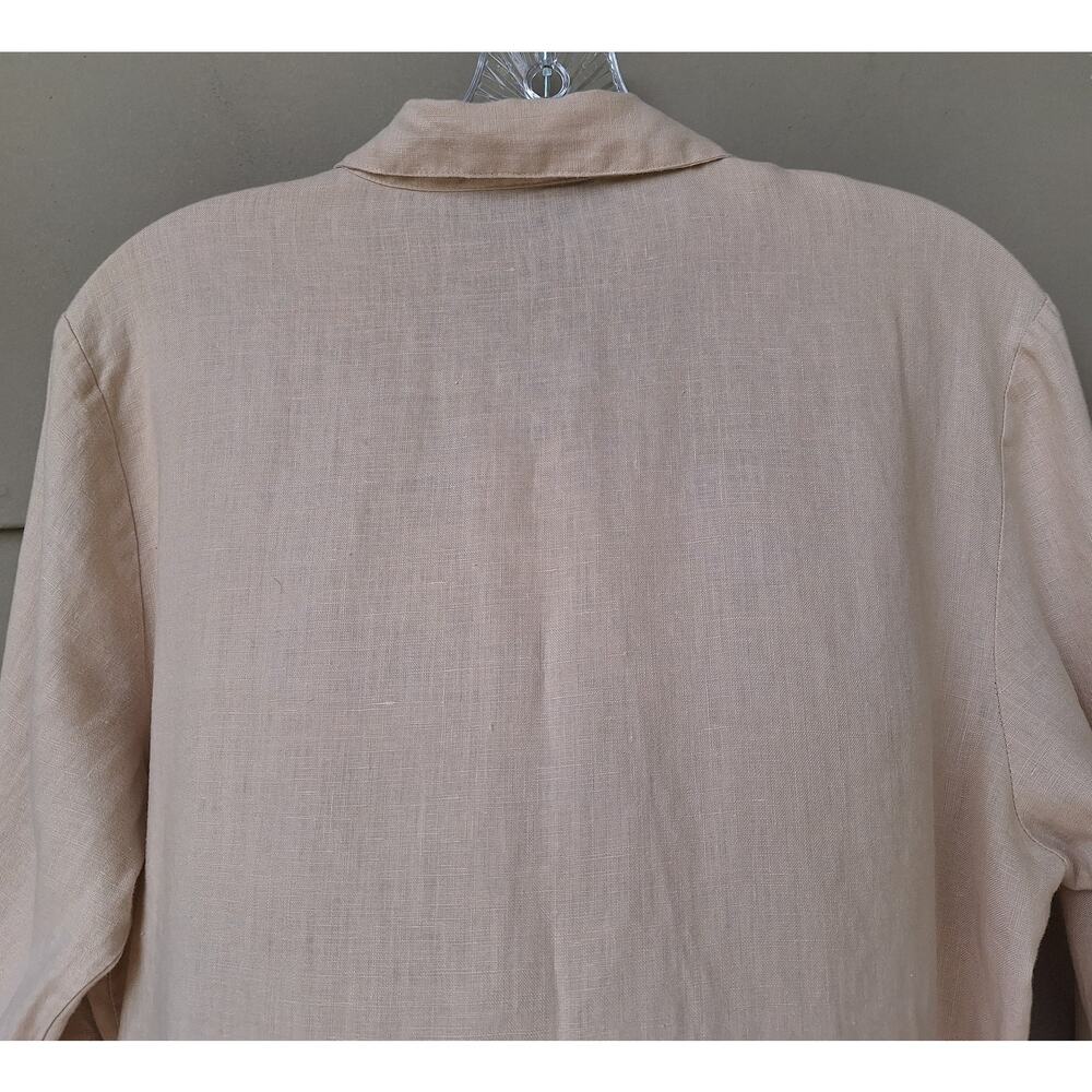 Robert Louis 100% Linen Crochet Trim Mother of Pearl buttons Blouse Shirt Tan M - Picture 6 of 10